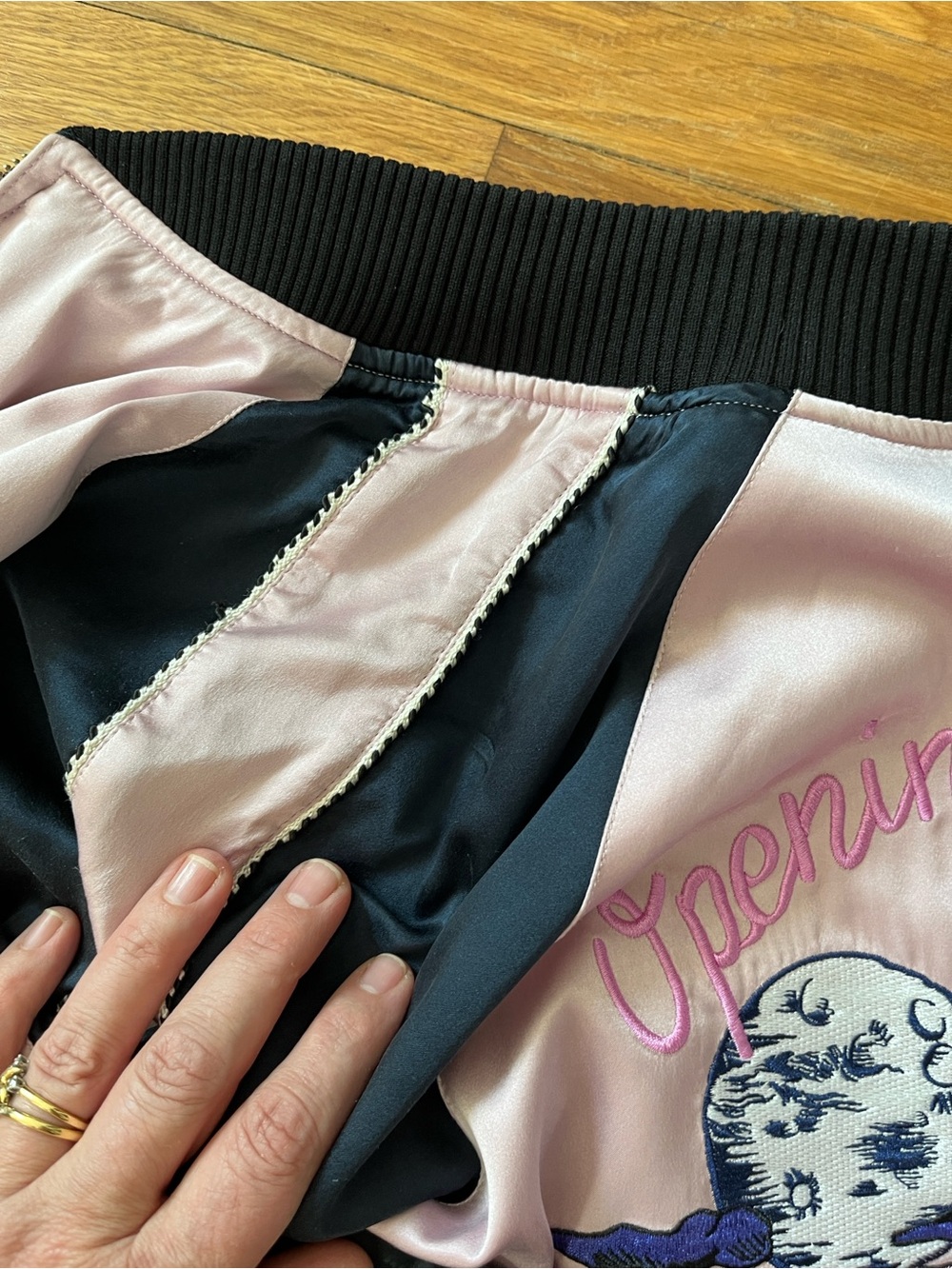 Opening Ceremony Bomber silk reversible embroidered print M pink navy EUC - Picture 3 of 10